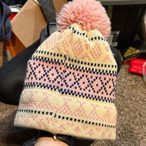 Vintage 70s Colins Inc Made in Canada Pink, Navy and Cream Pom Pom Knit Hat